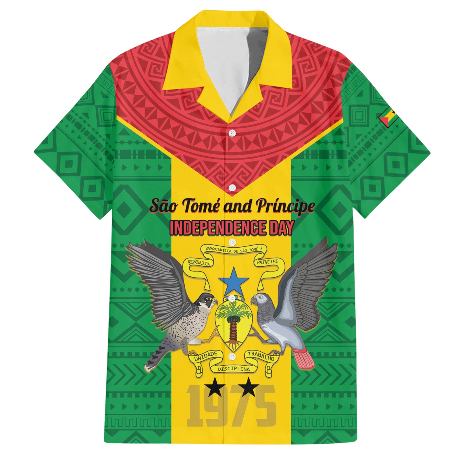 Sao Tome and Principe Independence Day Hawaiian Shirt Coat Of Arms Mix African Pattern - Wonder Print Shop