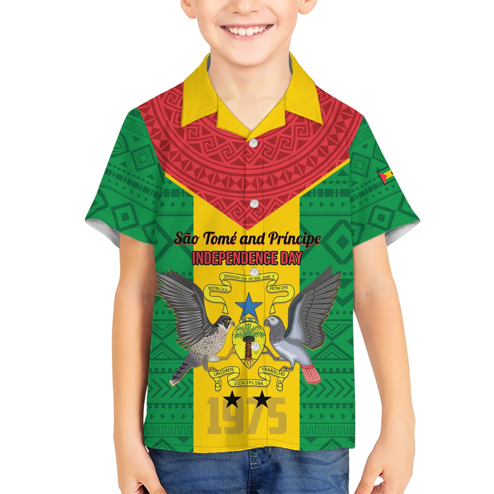 Sao Tome and Principe Independence Day Kid Hawaiian Shirt Coat Of Arms Mix African Pattern - Wonder Print Shop