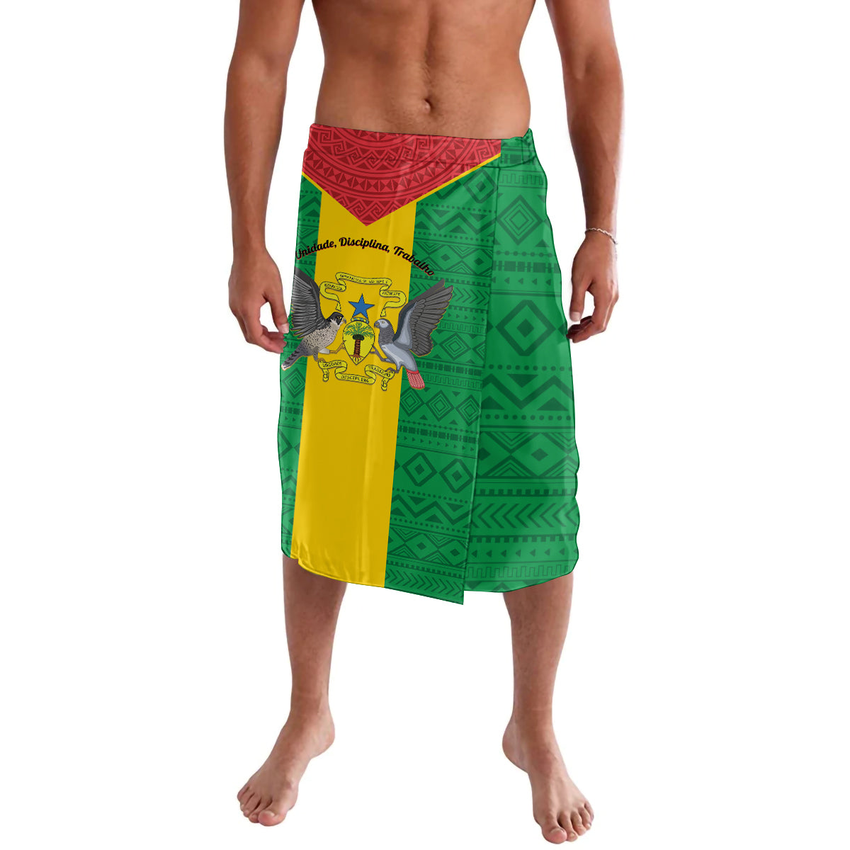 Green lavalava wrap skirt with yellow crest emblem, red waistband, geometric print