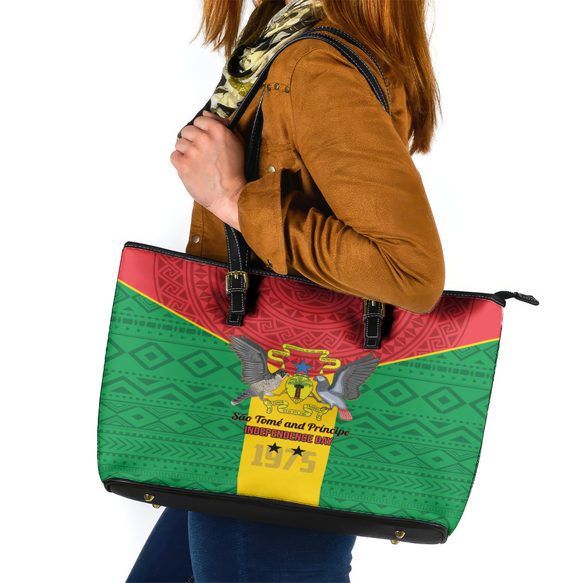 Sao Tome and Principe Independence Day Leather Tote Bag Coat Of Arms Mix African Pattern - Wonder Print Shop