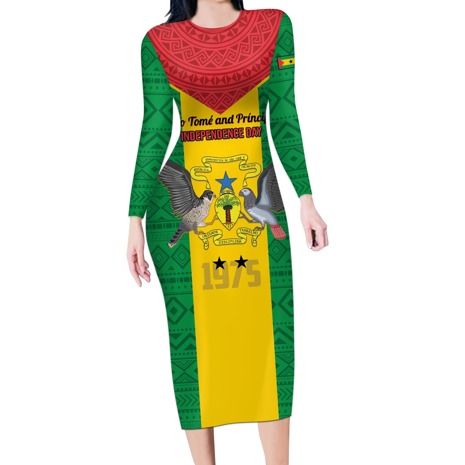 Sao Tome and Principe Independence Day Long Sleeve Bodycon Dress Coat Of Arms Mix African Pattern - Wonder Print Shop