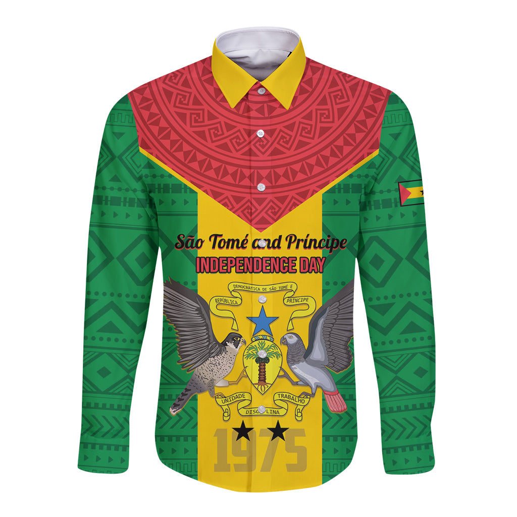 Long-sleeve button shirt, green/red geometric pattern with independence graphic and yellow collar