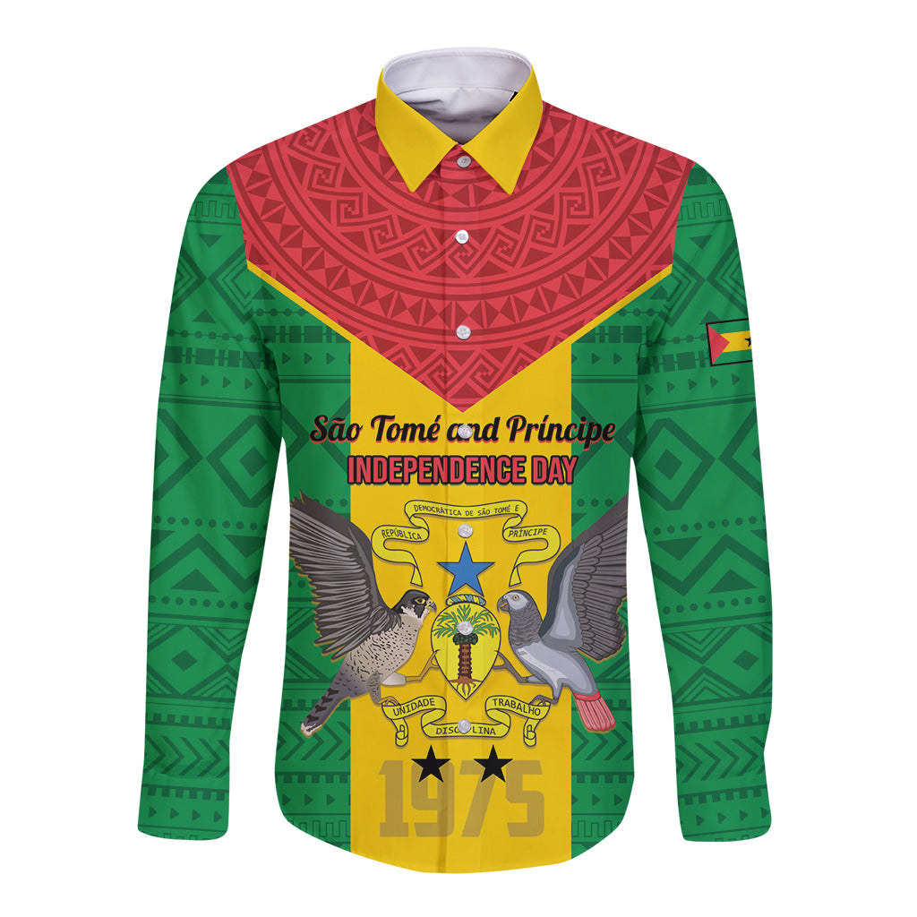 Sao Tome and Principe Independence Day Long Sleeve Button Shirt Coat Of Arms Mix African Pattern - Wonder Print Shop