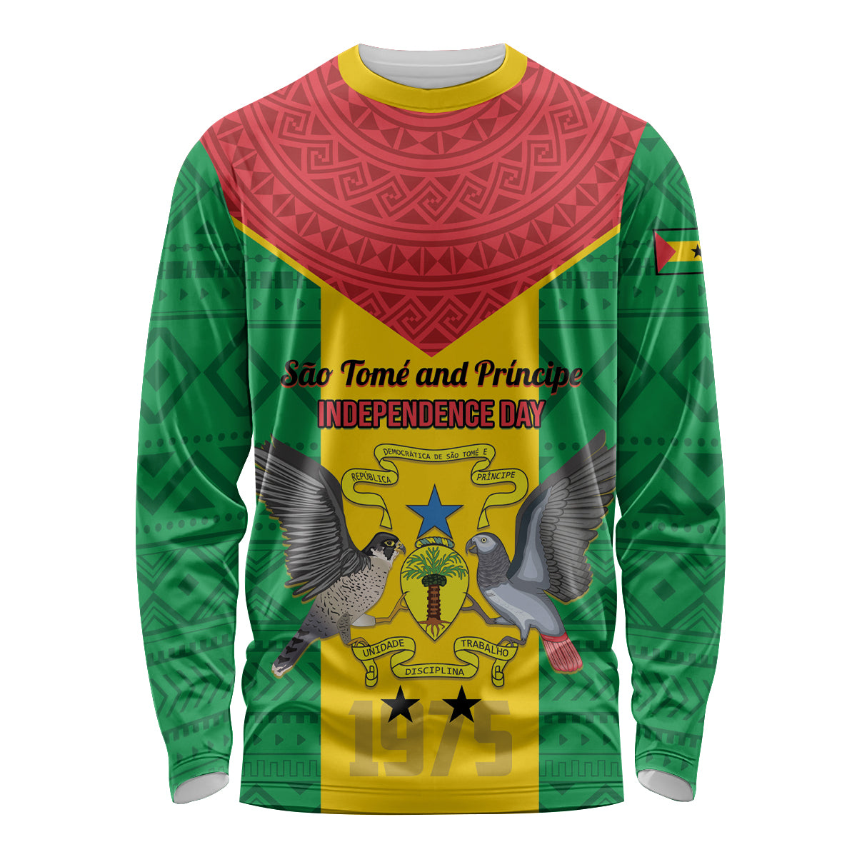 Sao Tome and Principe Independence Day Long Sleeve Shirt Coat Of Arms Mix African Pattern - Wonder Print Shop