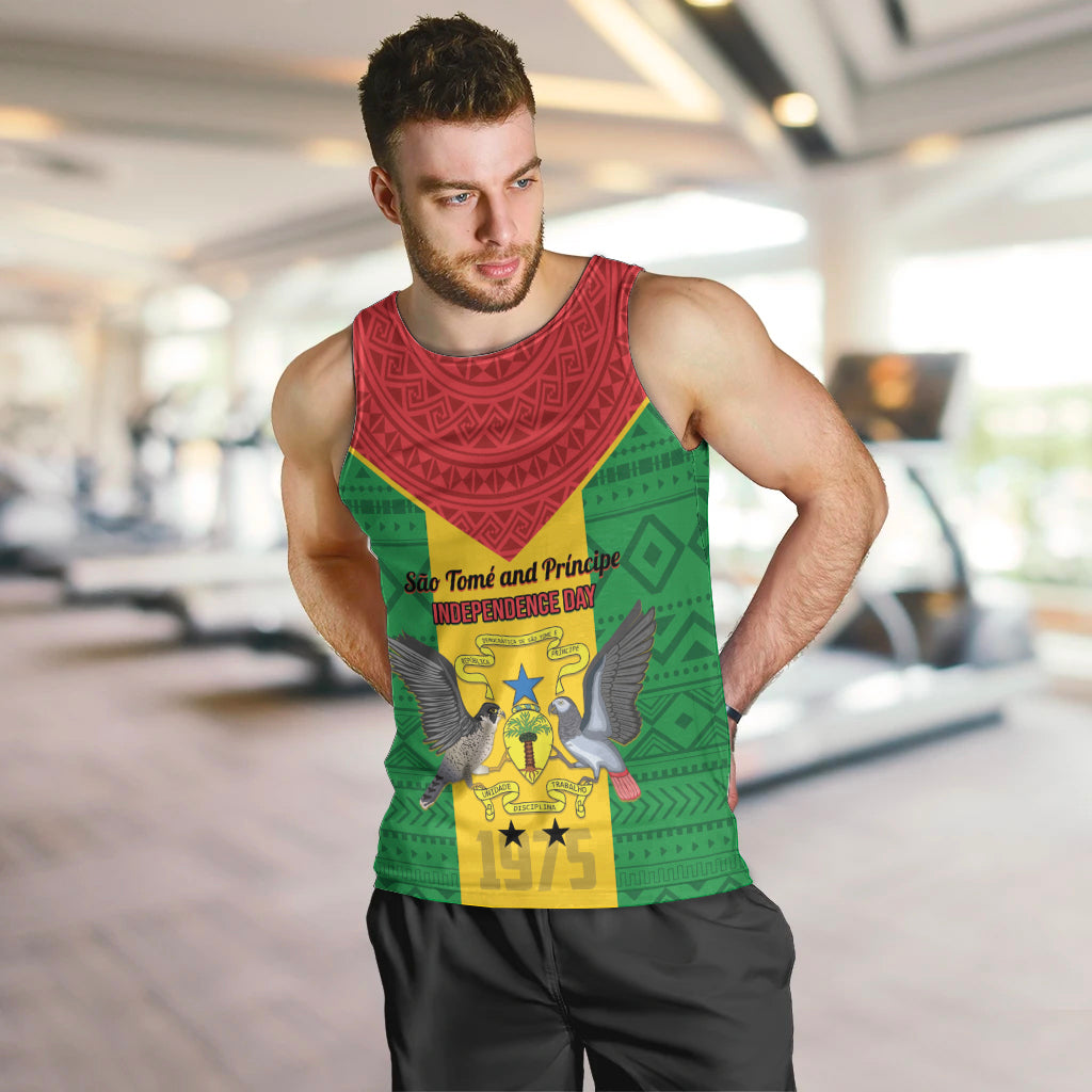 Sao Tome and Principe Independence Day Men Tank Top Coat Of Arms Mix African Pattern - Wonder Print Shop