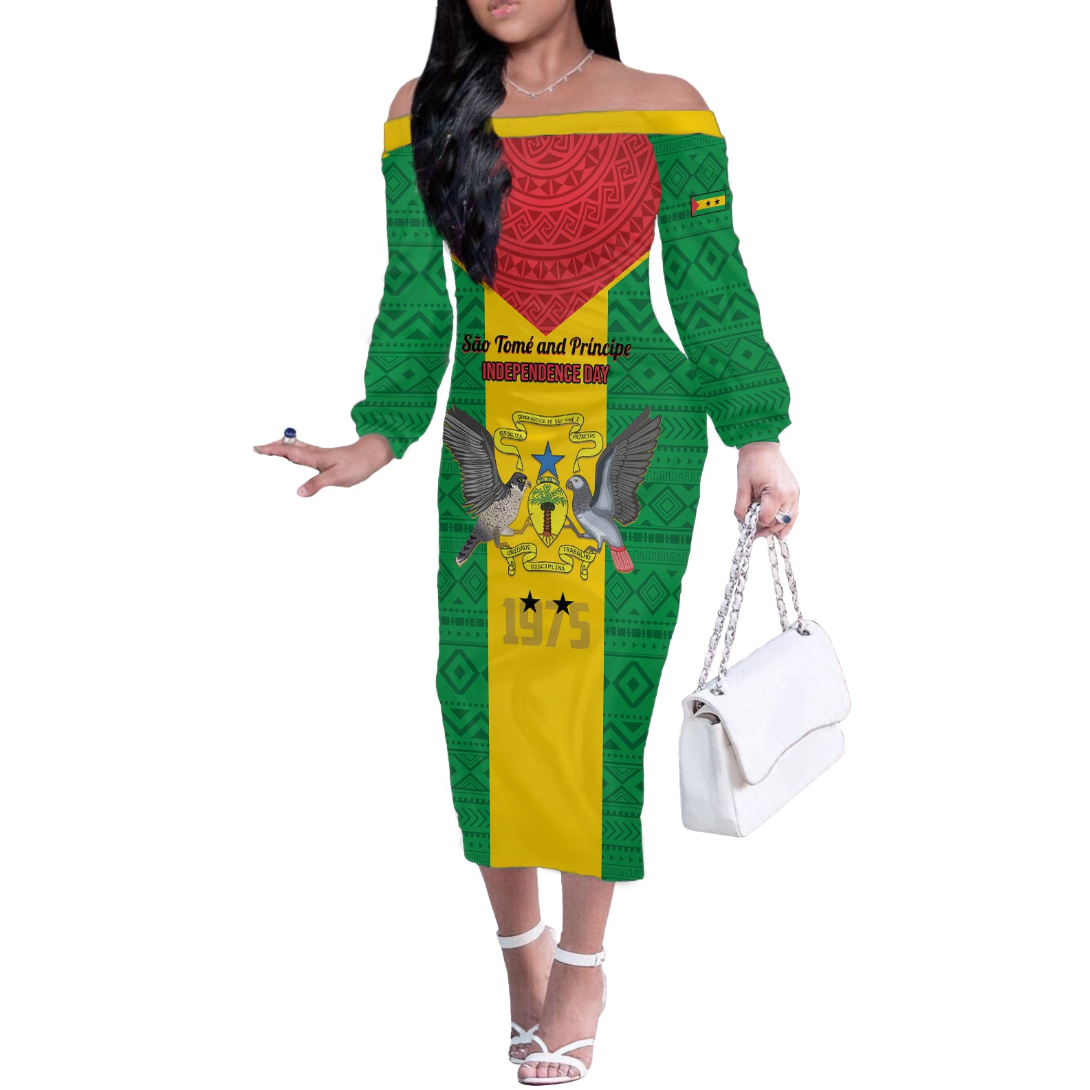 Sao Tome and Principe Independence Day Off The Shoulder Long Sleeve Dress Coat Of Arms Mix African Pattern - Wonder Print Shop