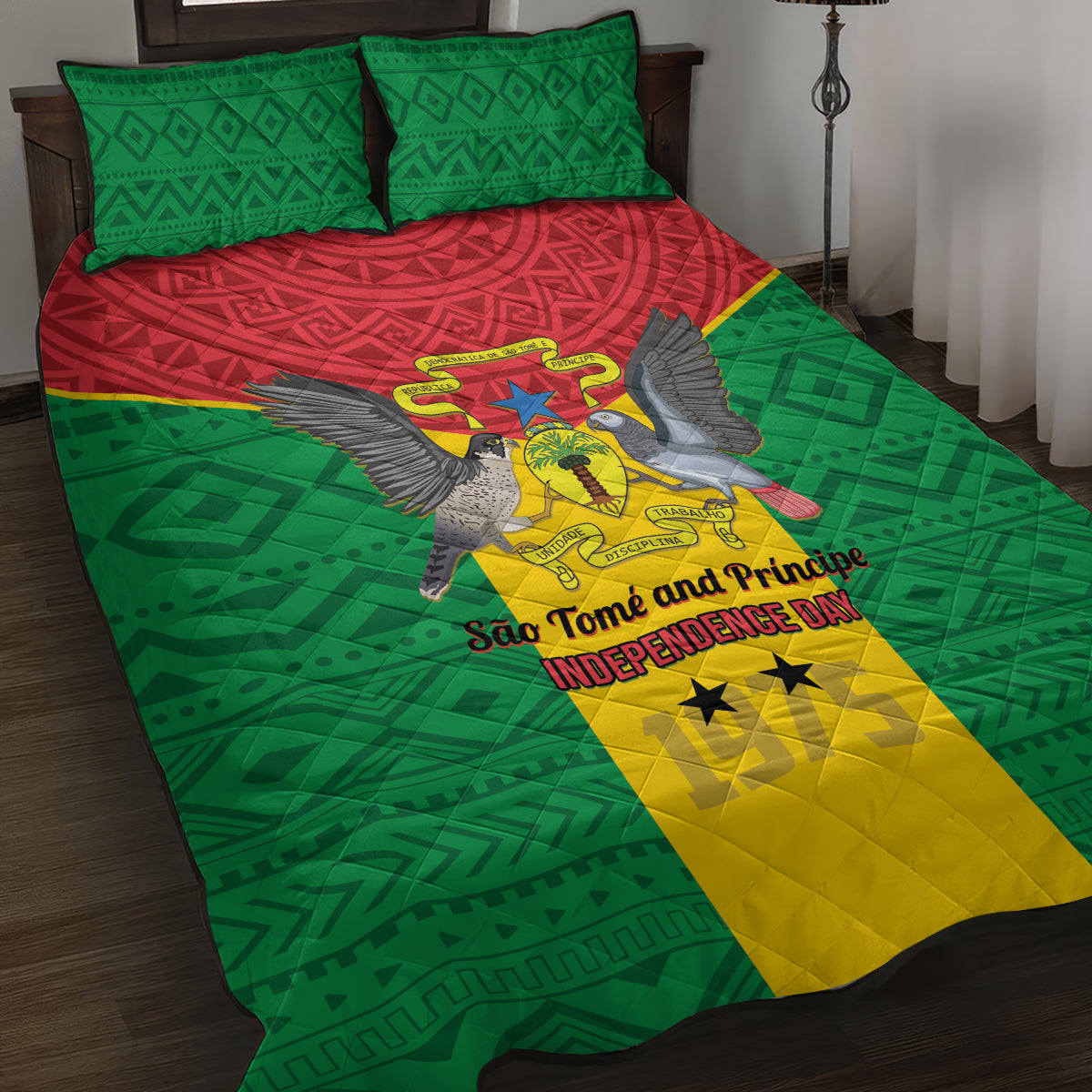 Sao Tome and Principe Independence Day Quilt Bed Set Coat Of Arms Mix African Pattern - Wonder Print Shop