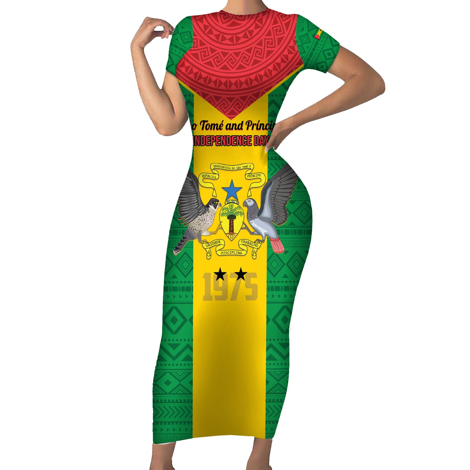 Sao Tome and Principe Independence Day Short Sleeve Bodycon Dress Coat Of Arms Mix African Pattern - Wonder Print Shop