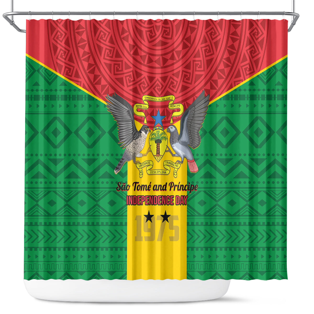 Sao Tome and Principe Independence Day Shower Curtain Coat Of Arms Mix African Pattern