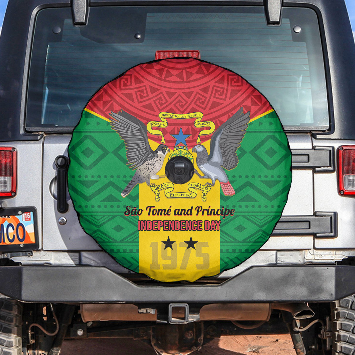 Sao Tome and Principe Independence Day Spare Tire Cover Coat Of Arms Mix African Pattern