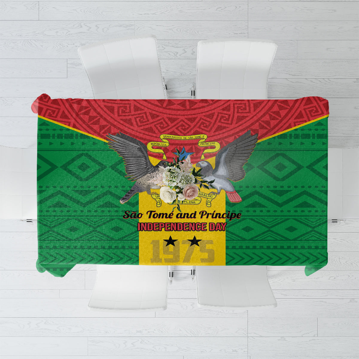 Independence Day tablecloth with Sao Tome and Principe coat of arms and 1975 text