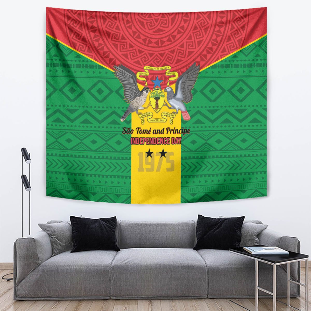 Independence Day tapestry wall hanging with coat of arms, eagle, and gold "1975"