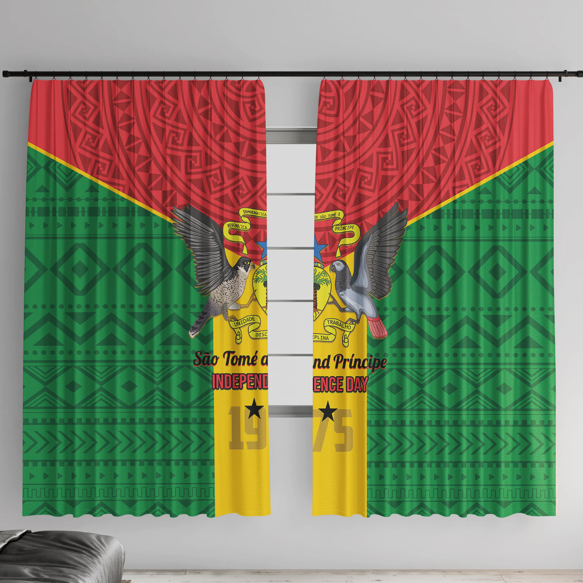 Sao Tome and Principe Independence Day Window Curtain Coat Of Arms Mix African Pattern