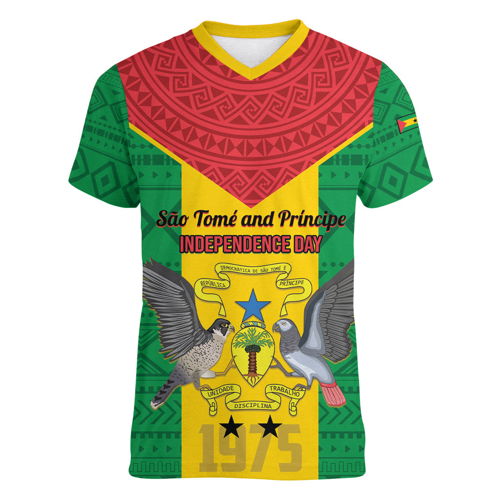 Sao Tome and Principe Independence Day Women V-Neck T-Shirt Coat Of Arms Mix African Pattern