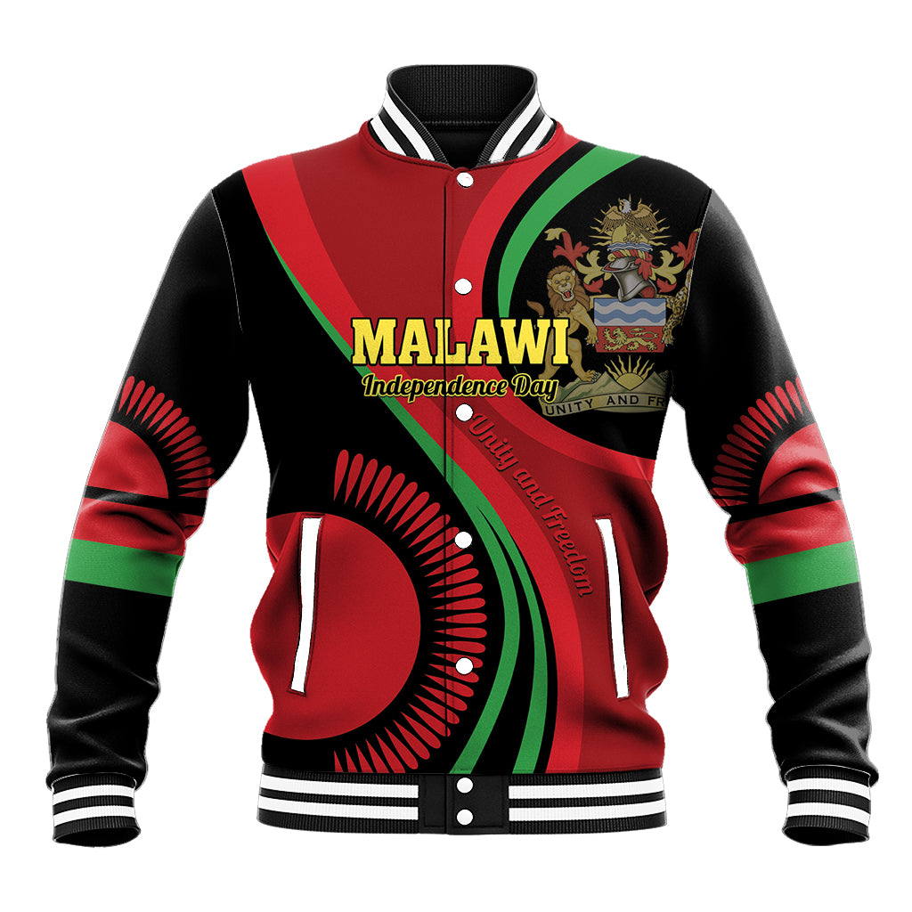 Unisex black baseball jacket with red-green diagonal design and front graphic patch