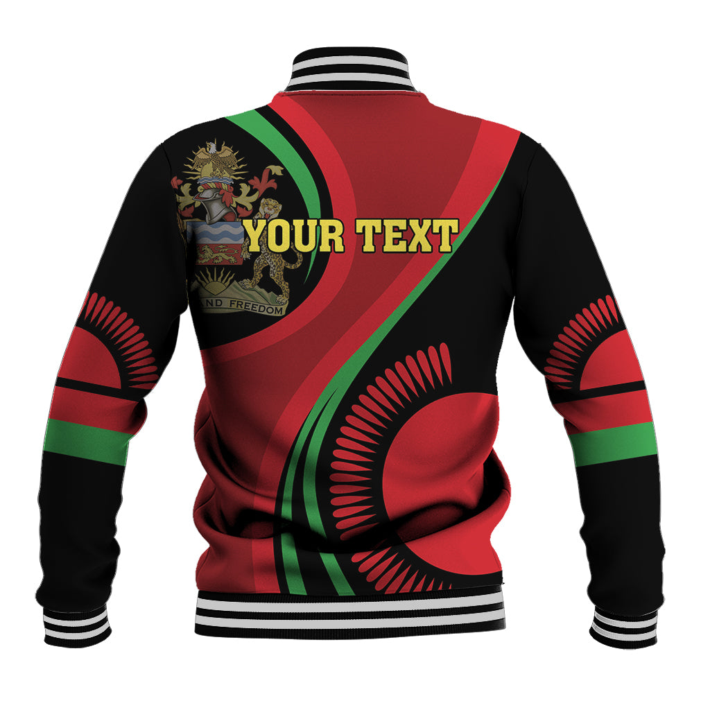 Unisex baseball jacket back with red-green swirl, striped cuffs, and YOUR TEXT print