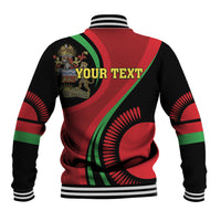 Unisex baseball jacket back with red-green swirl, striped cuffs, and YOUR TEXT print