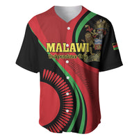 Black baseball jersey with red front, green stripes, MALAWI Independence Day graphic and crest