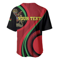 Black baseball jersey with red back and green diagonal stripes, crest and YOUR TEXT graphic