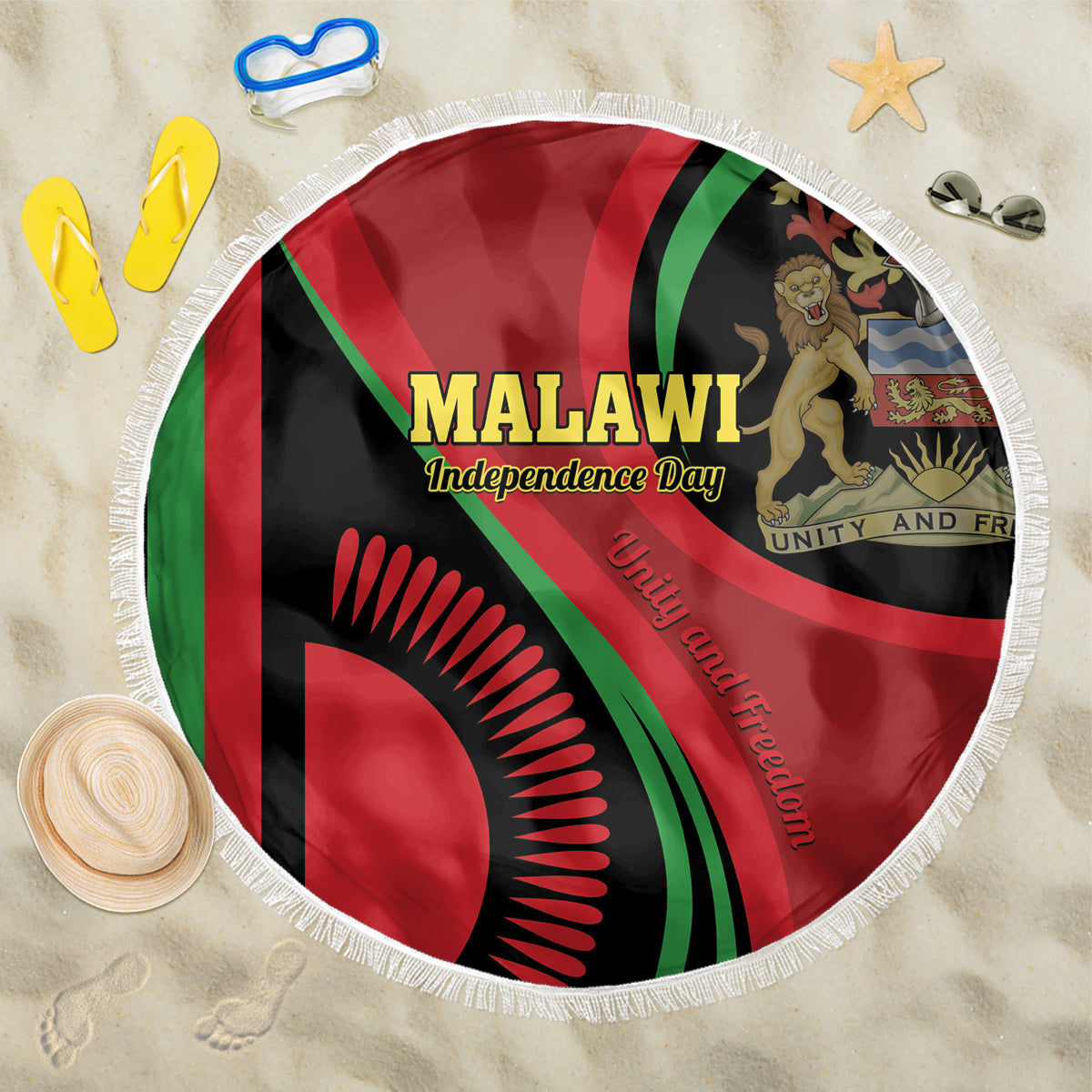 Round red, black and green beach blanket with Malawi Independence Day graphic and white fringe