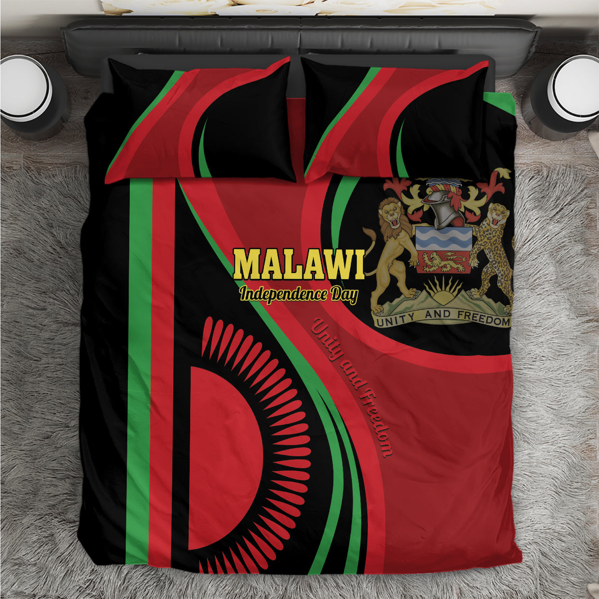 Malawi flag-themed bedding set with duvet and two pillows, red green black print and emblem.