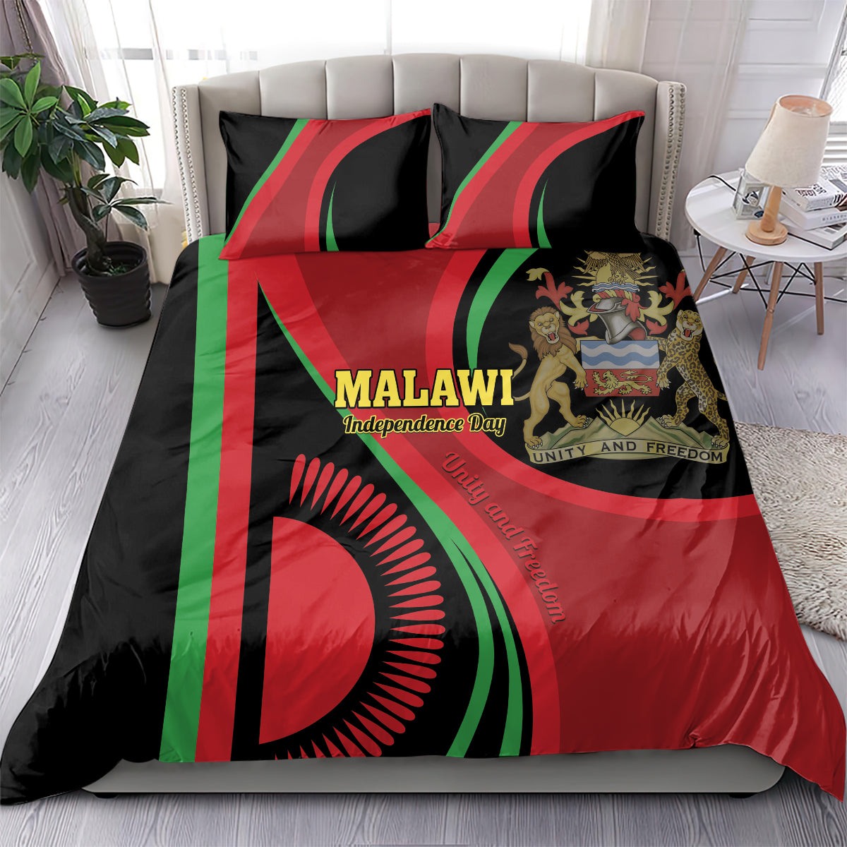 Malawi flag bedding set showing duvet and two matching pillows with Malawi Independence Day text.