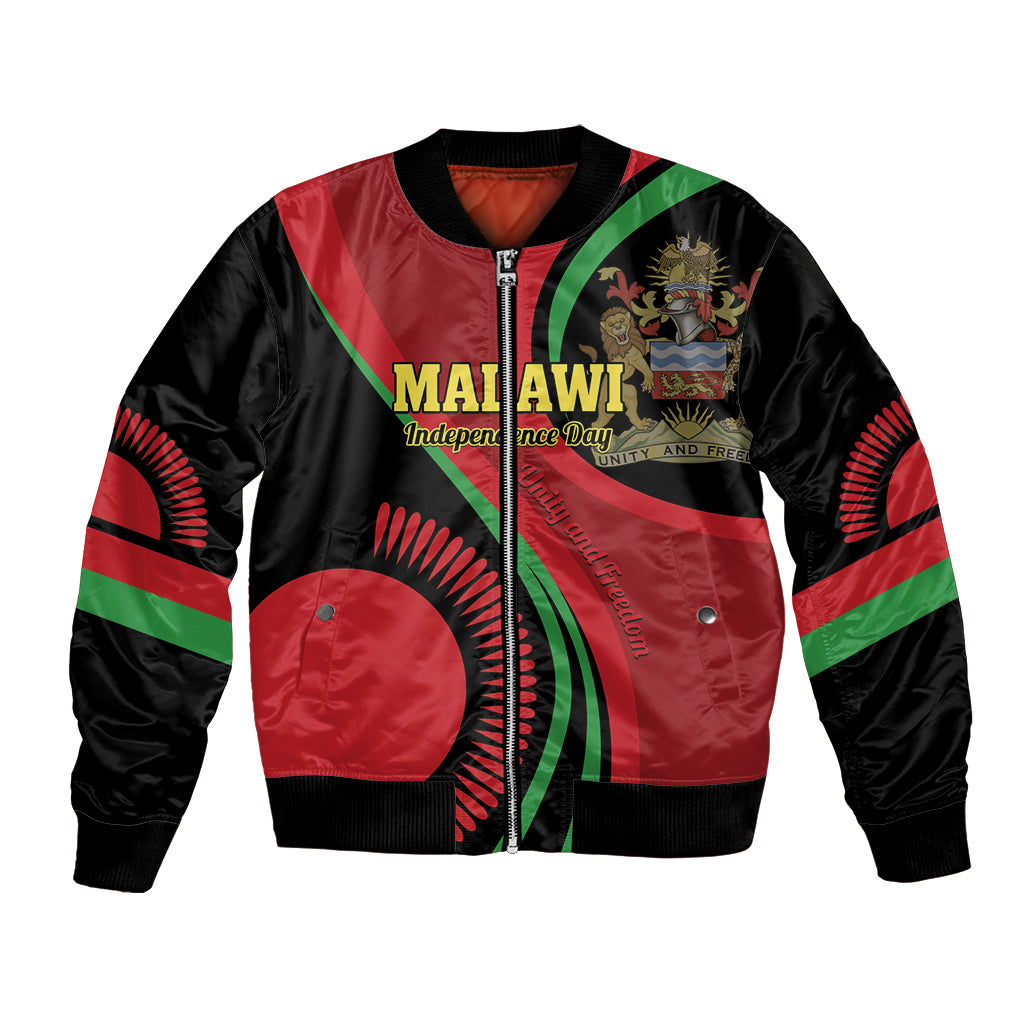Unisex bomber jacket in black with red-green stripes and Malawi independence graphic