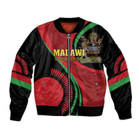 Unisex bomber jacket in black with red-green stripes and Malawi independence graphic