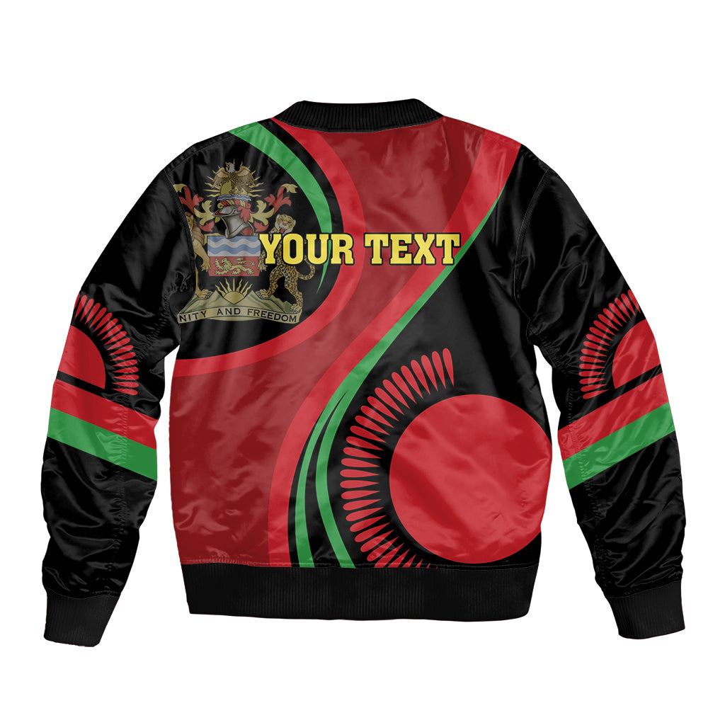 Unisex black bomber jacket with red-green diagonal stripes, crest patch and 'YOUR TEXT' print