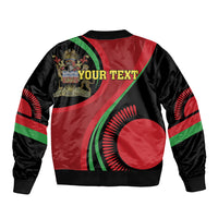 Unisex black bomber jacket with red-green diagonal stripes, crest patch and 'YOUR TEXT' print