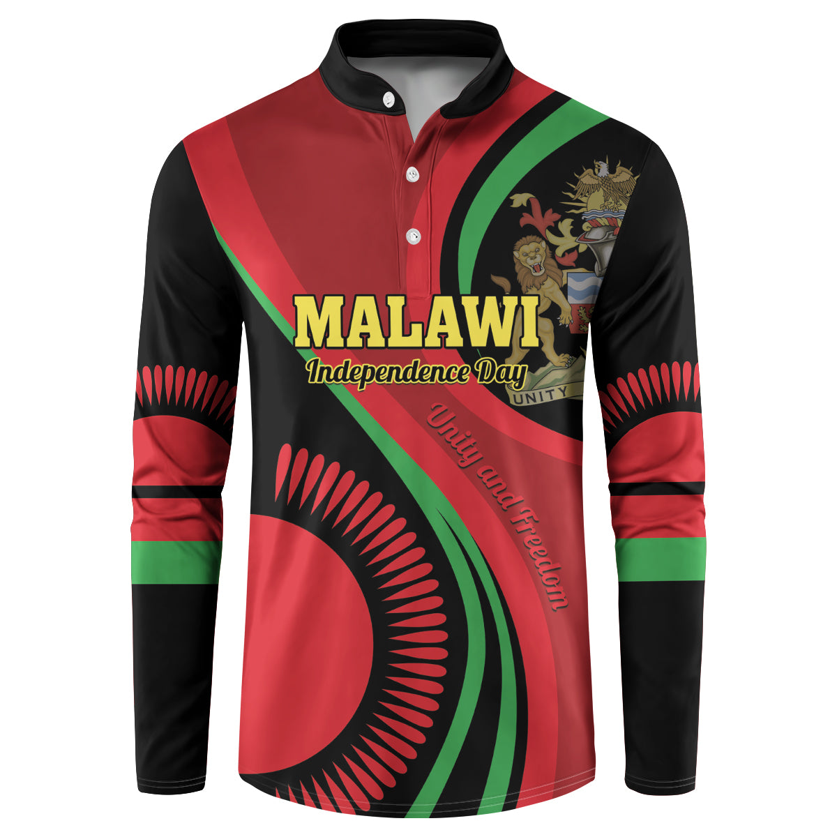 Black button-up sweatshirt with Malawi crest and Independence Day graphic on front