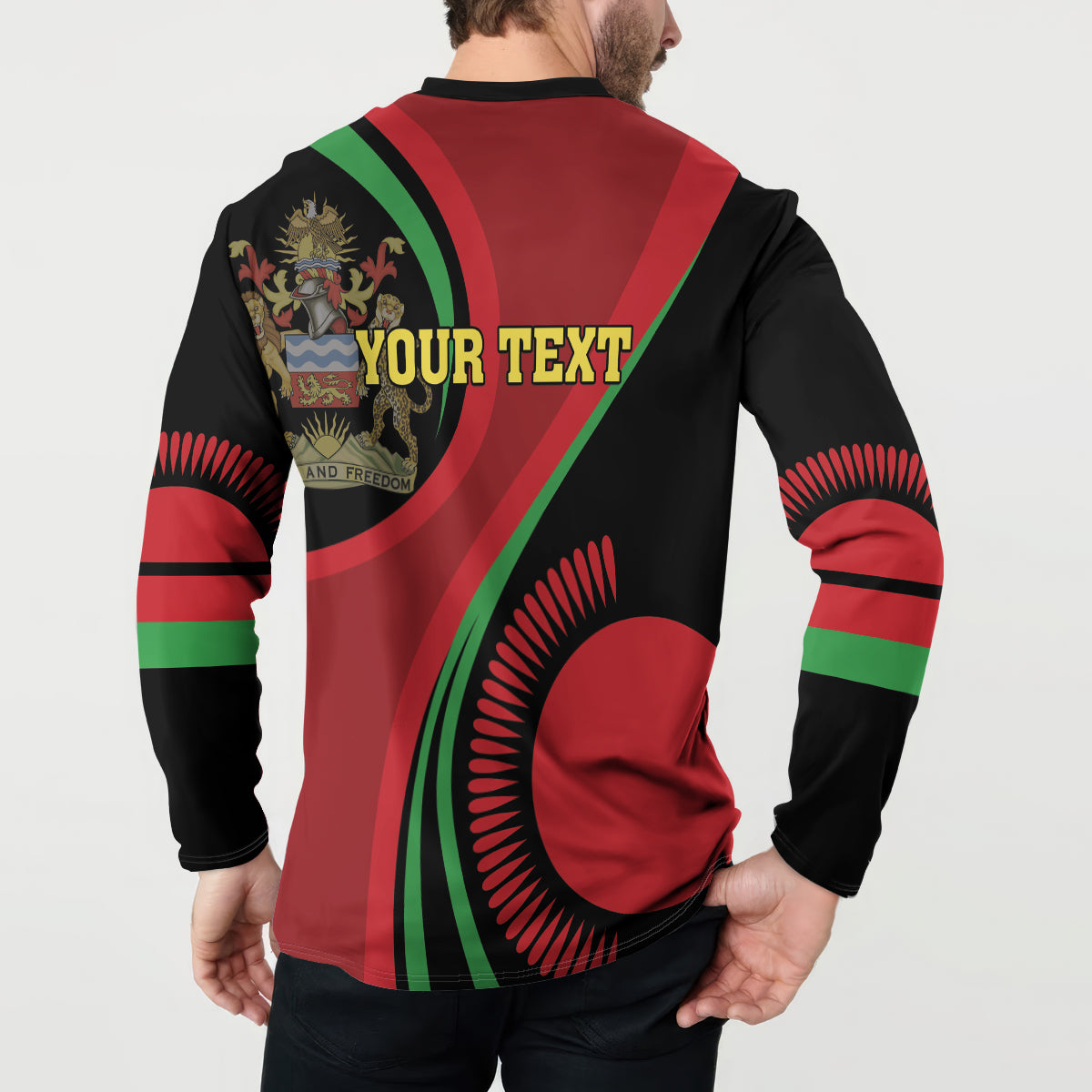 Black button-up sweatshirt with 'YOUR TEXT' on back and red-green circular wave design