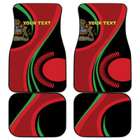 Four-pack black car floor mats with red and green curves, crest graphic, and YOUR TEXT