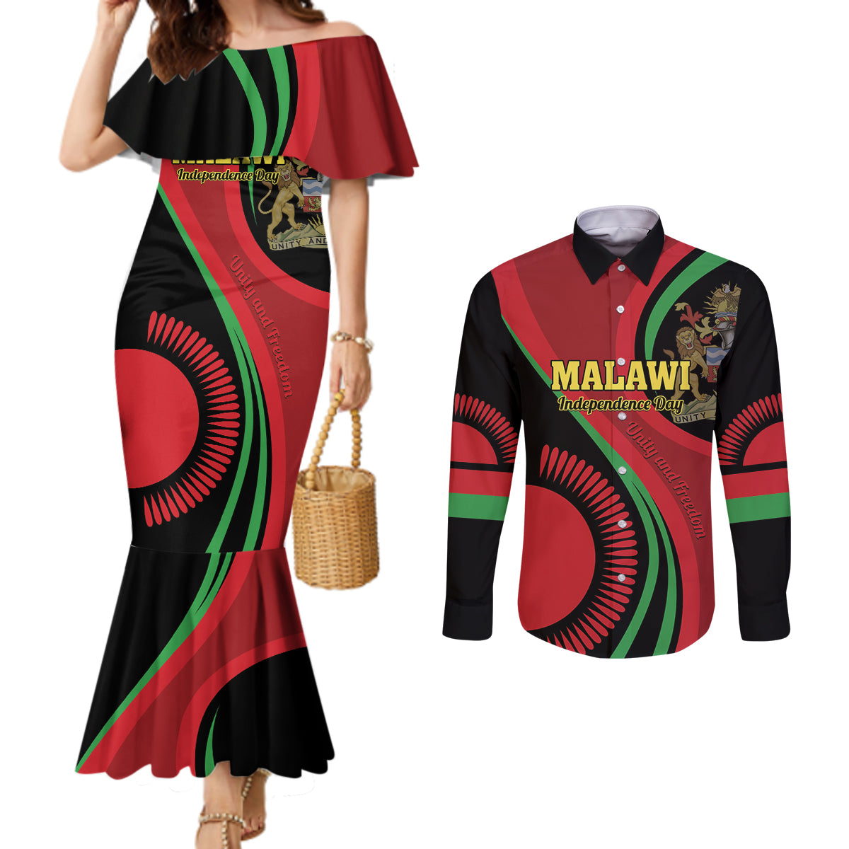 Malawi Independence Day Couples Matching Mermaid Dress and Long Sleeve Button Shirt Unity and Freedom