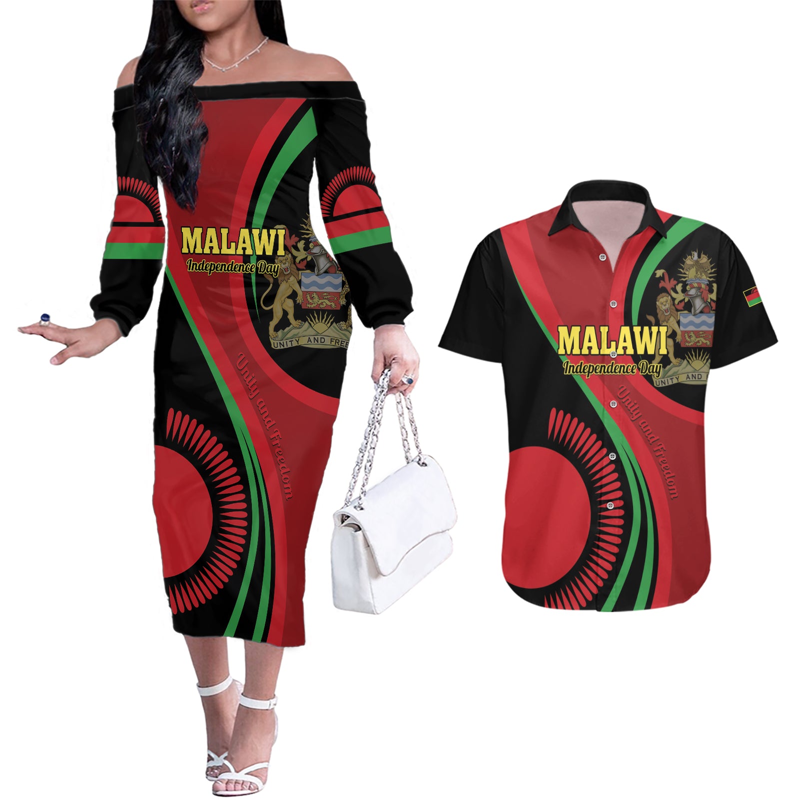 Malawi Independence Day Couples Matching Off The Shoulder Long Sleeve Dress and Hawaiian Shirt Unity and Freedom - Wonder Print Shop