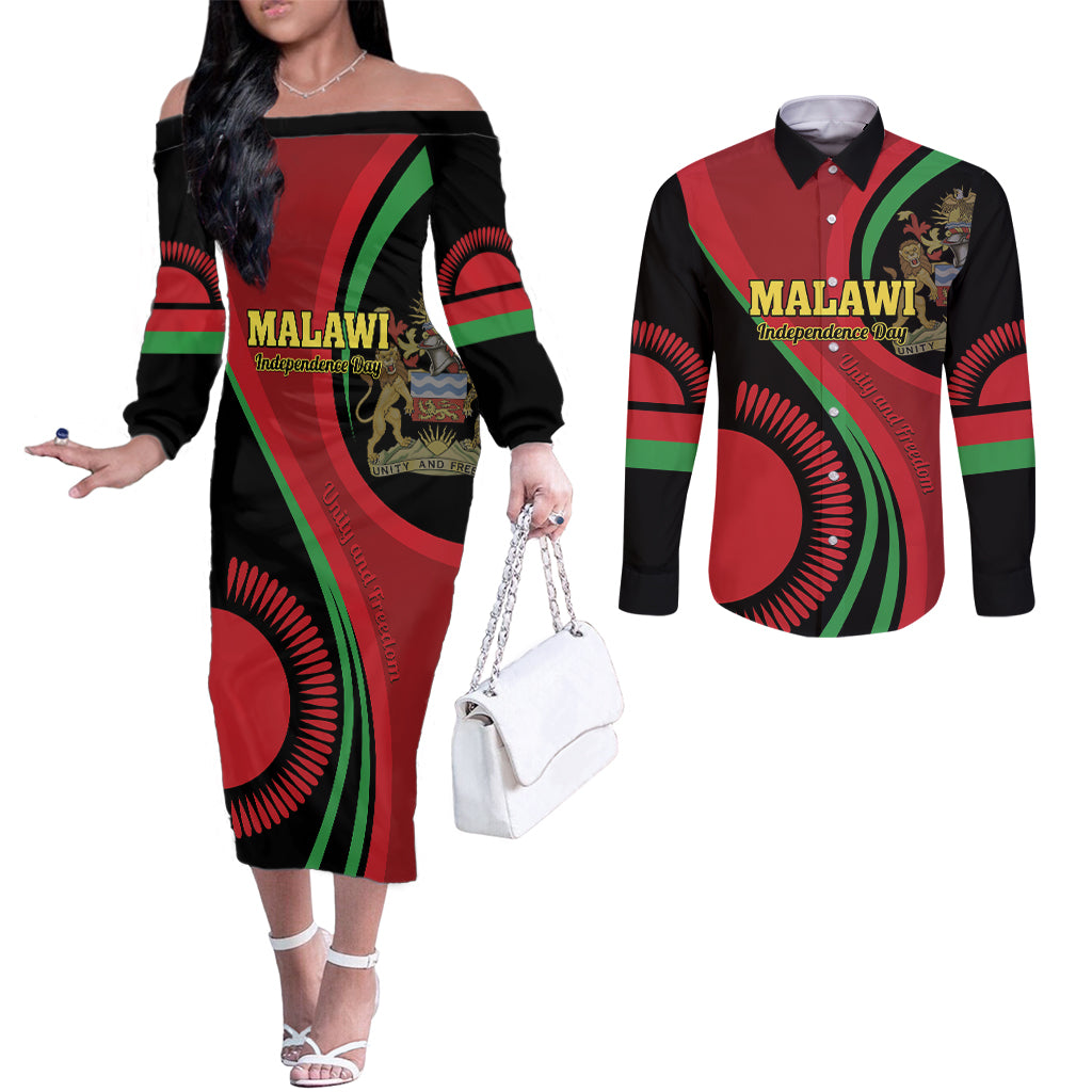 Malawi Independence Day Couples Matching Off The Shoulder Long Sleeve Dress and Long Sleeve Button Shirt Unity and Freedom