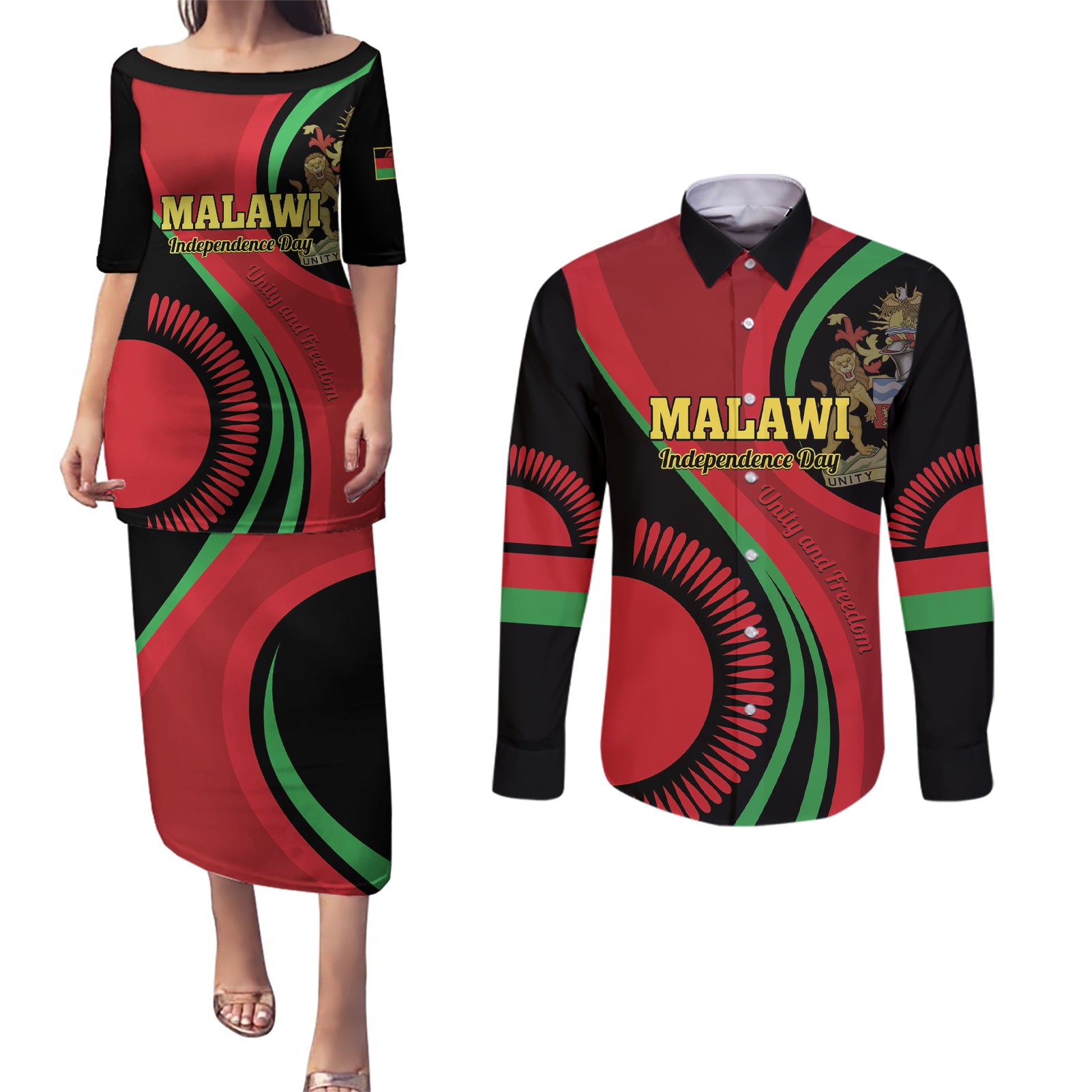 Malawi Independence Day Couples Matching Puletasi and Long Sleeve Button Shirt Unity and Freedom - Wonder Print Shop