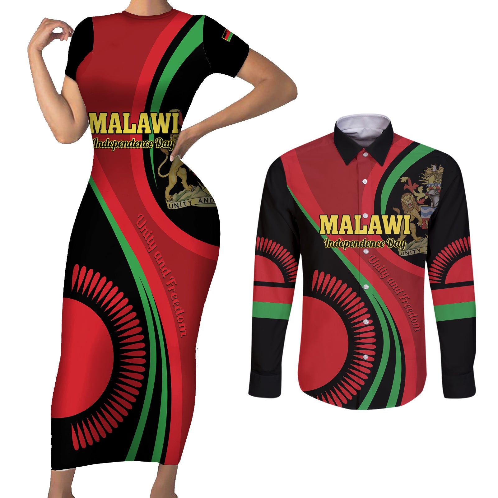 Malawi Independence Day Couples Matching Short Sleeve Bodycon Dress and Long Sleeve Button Shirt Unity and Freedom - Wonder Print Shop