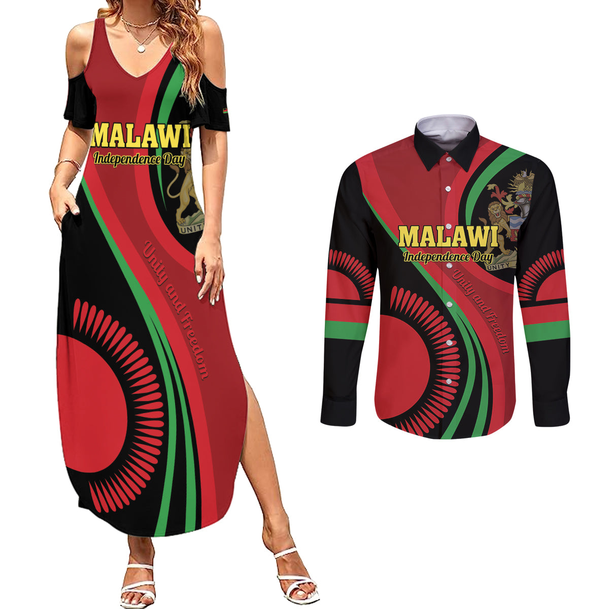 Malawi Independence Day Couples Matching Summer Maxi Dress and Long Sleeve Button Shirt Unity and Freedom - Wonder Print Shop