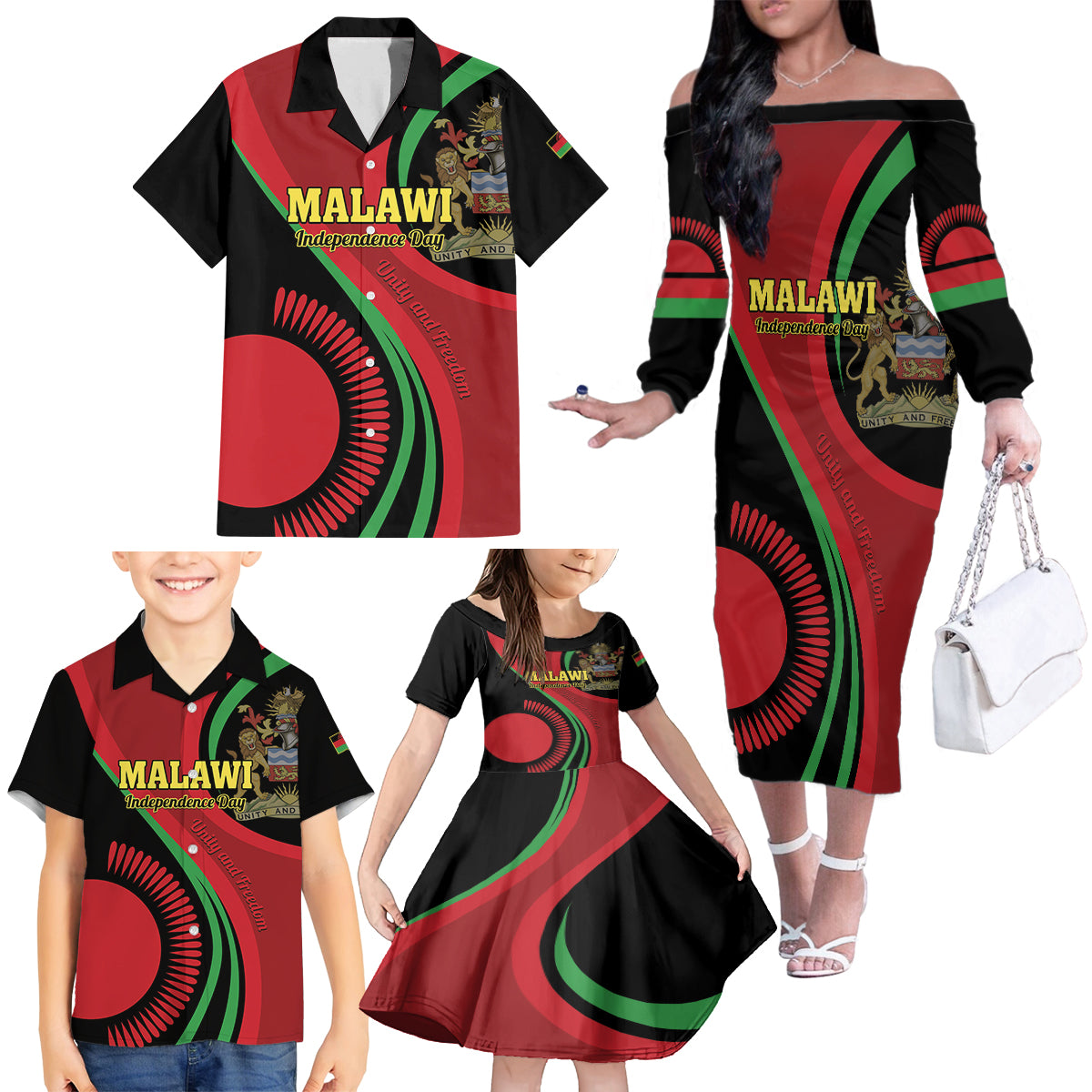 Malawi Independence Day Family Matching Off The Shoulder Long Sleeve Dress and Hawaiian Shirt Unity and Freedom - Wonder Print Shop