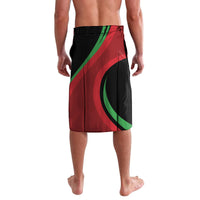 Black lavalava wrap skirt with red and green diagonal design and elastic waistband