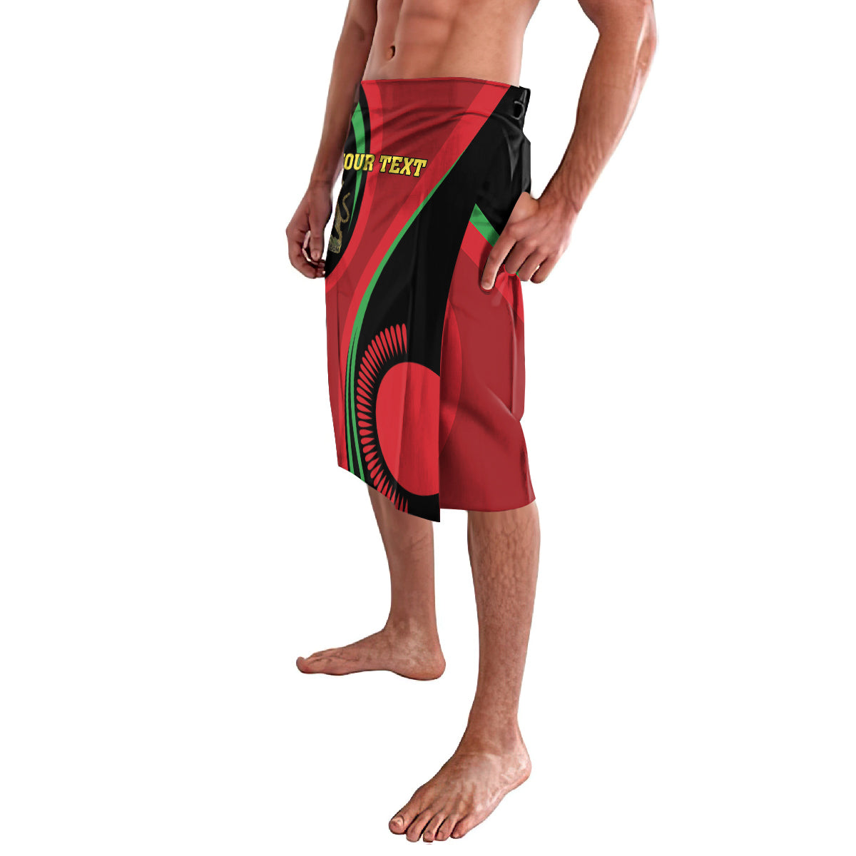 Black lavalava wrap skirt with red and green abstract graphic and elastic waistband