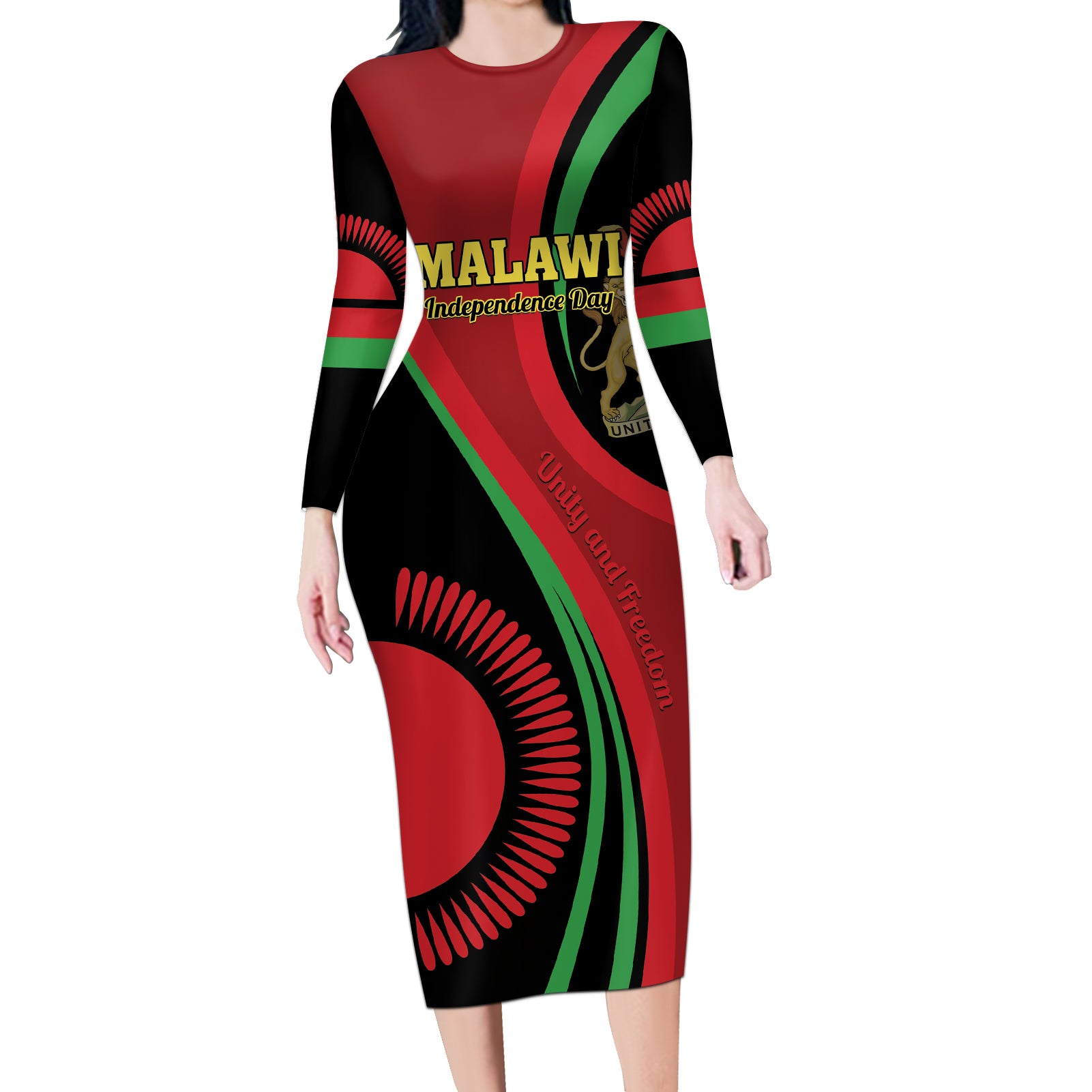 Malawi Independence Day Long Sleeve Bodycon Dress Unity and Freedom - Wonder Print Shop