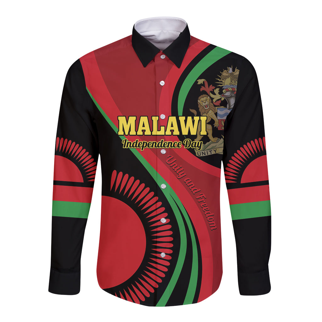 Unisex long-sleeve button shirt, black with red/green Malawi-style Independence Day graphic