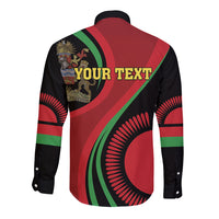 Unisex long-sleeve button shirt, black with red/green back graphic and YOUR TEXT