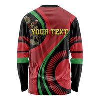 Back view black long-sleeve shirt with red, green stripes and YOUR TEXT print