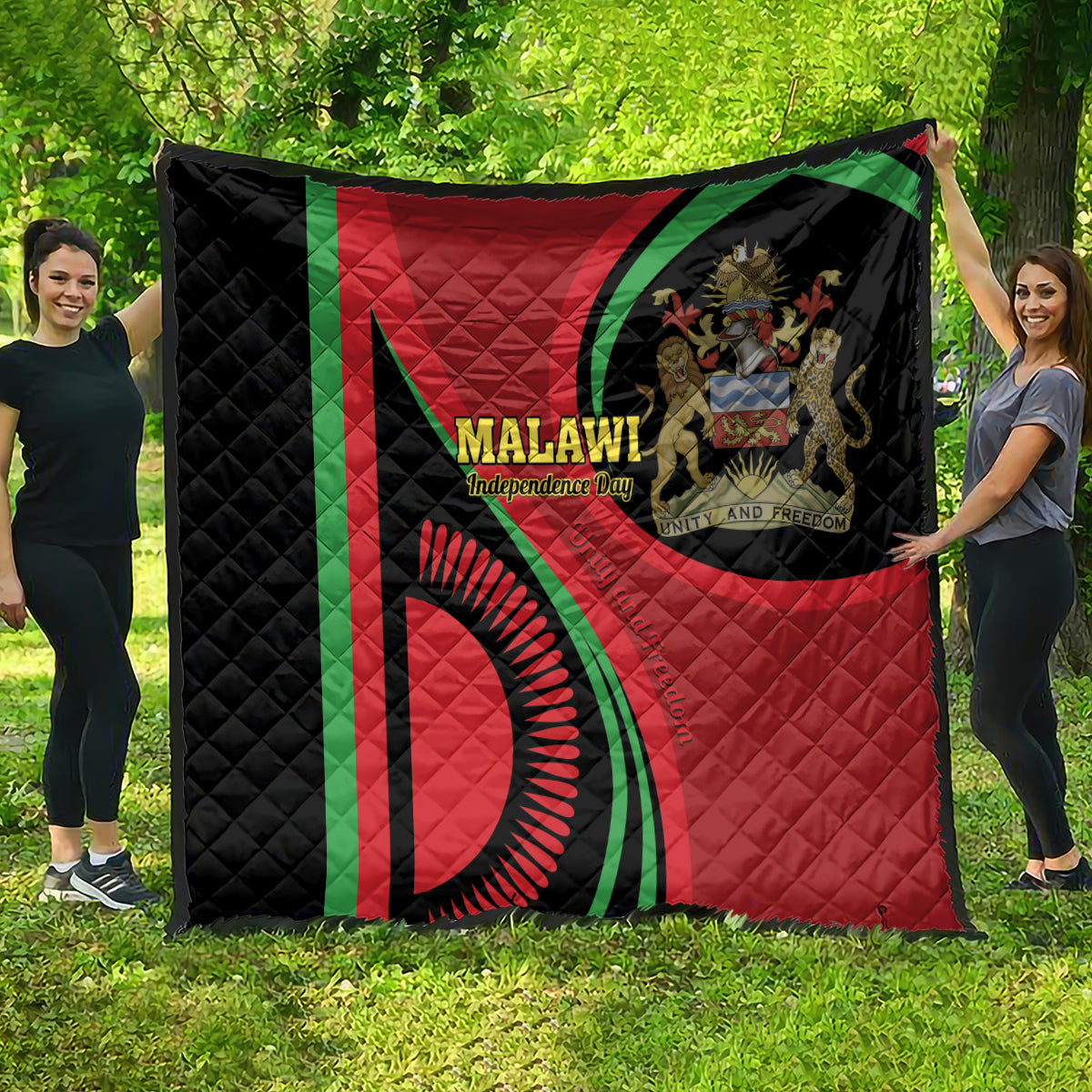 Malawi Independence Day quilt with black border, red field, and green striped accents