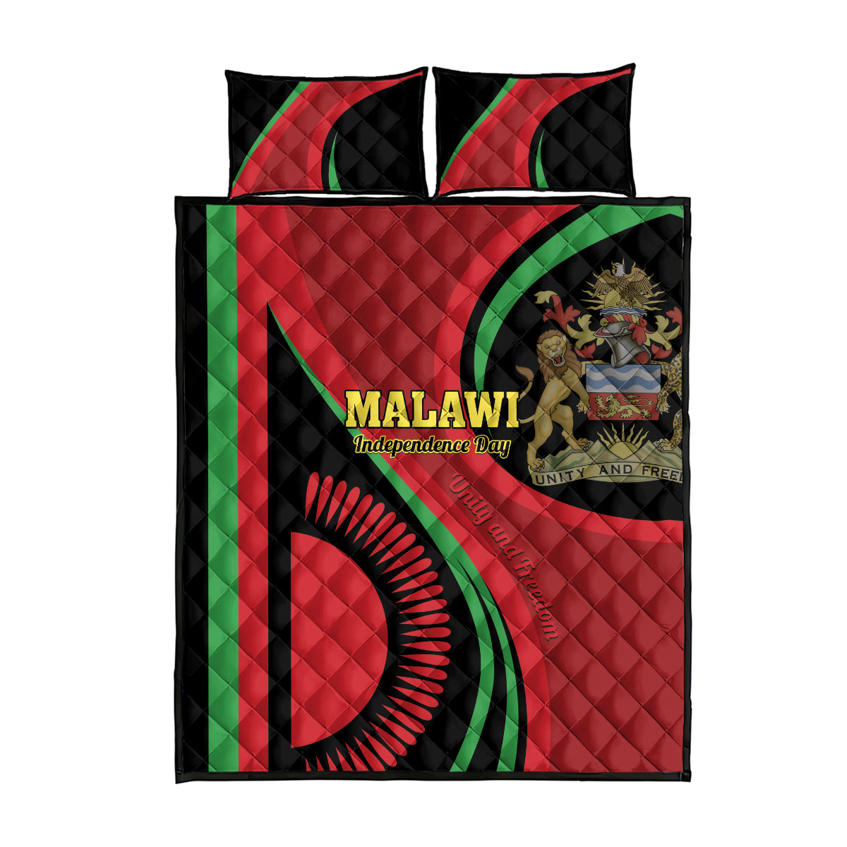 Quilt bed set with red, black, and green Malawi Independence Day design and two pillows