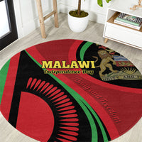 Round red, black, and green printed carpet with Malawi Independence Day text