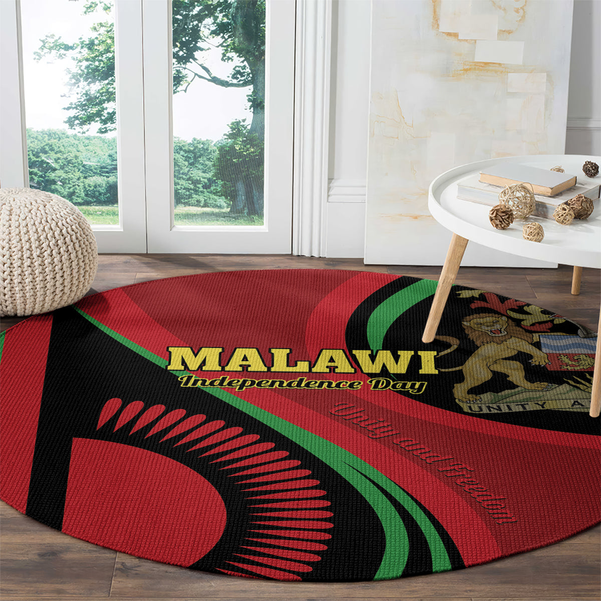 Round red and black printed carpet with green accents and Malawi Independence Day design